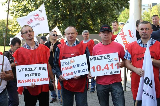 WZZ Sierpień 80: górnicy protestowali pod siedzibą banku ING w Katowicach, źródło: WZZ Sierpień 80 - facebook