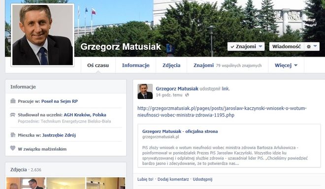 Poseł Grzegorz Matusiak jest bardzo aktywny na Facebooku