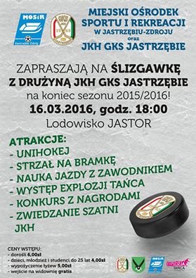 16 marca na lodowisku Jastor odbędzie się ślizgawka z zawodnikami Jastrzębskiego Klubu Hokejowego