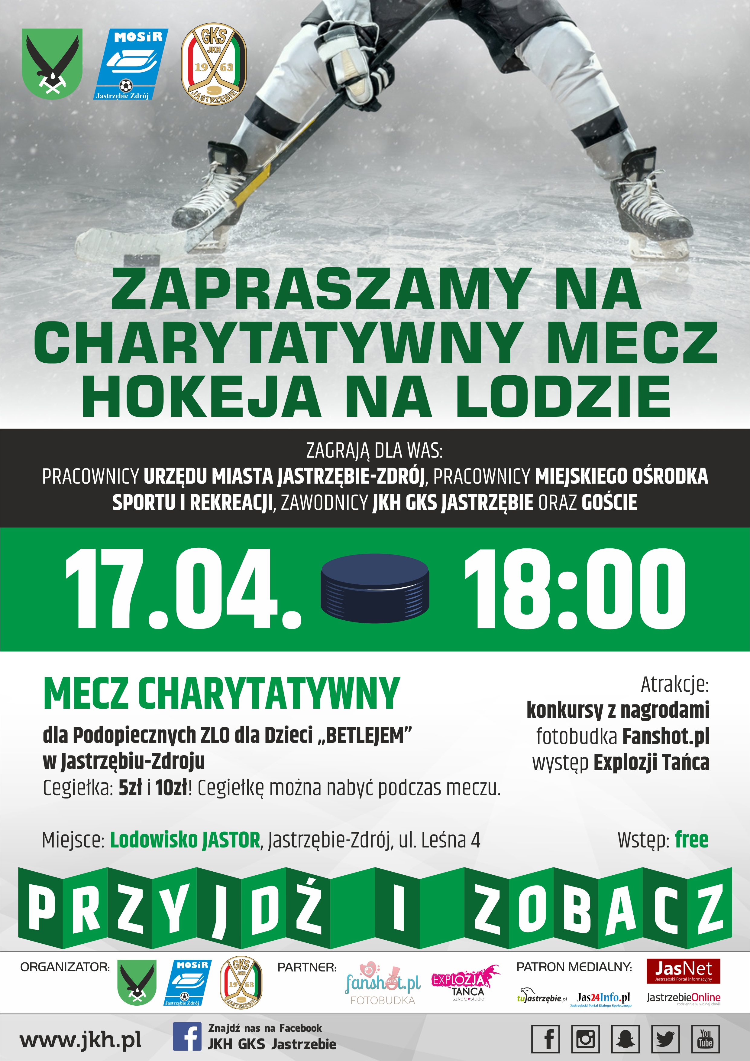 Plakat promujący charytatywny mecz z udziałem zawodników JKH GKS Jastrzębie
