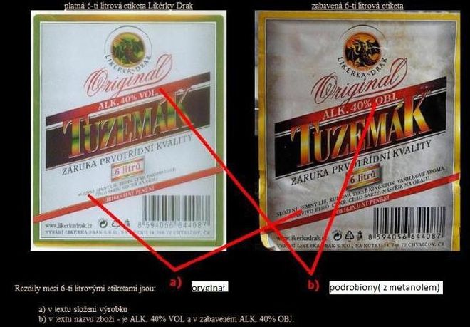 Zdjęcia podrobionych wyrobów alkoholowych zawierających metanol, nie posiadających właściwych czeskich znaków akcyzy.